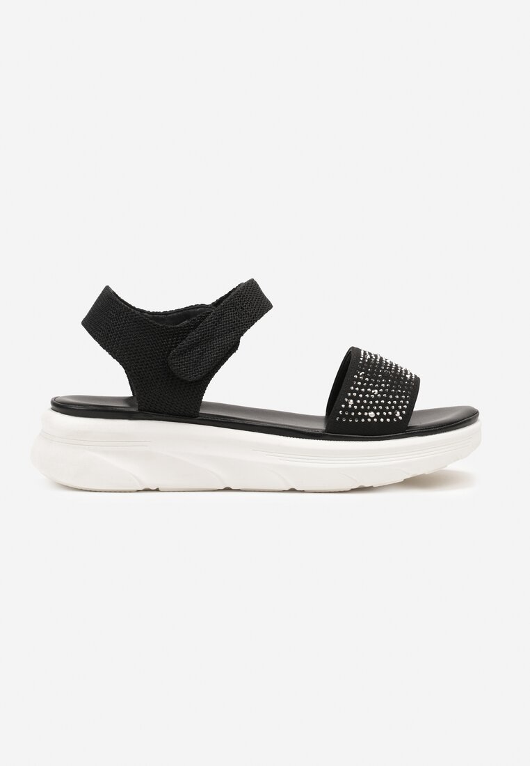 Sandale Negre cu Talpă Groasă cu Închidere Velcro Împodobite cu Pietre Strass Tristana