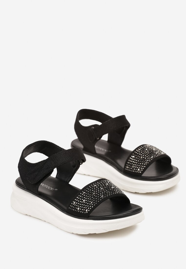 Sandale Negre cu Talpă Groasă cu Închidere Velcro Împodobite cu Pietre Strass Tristana