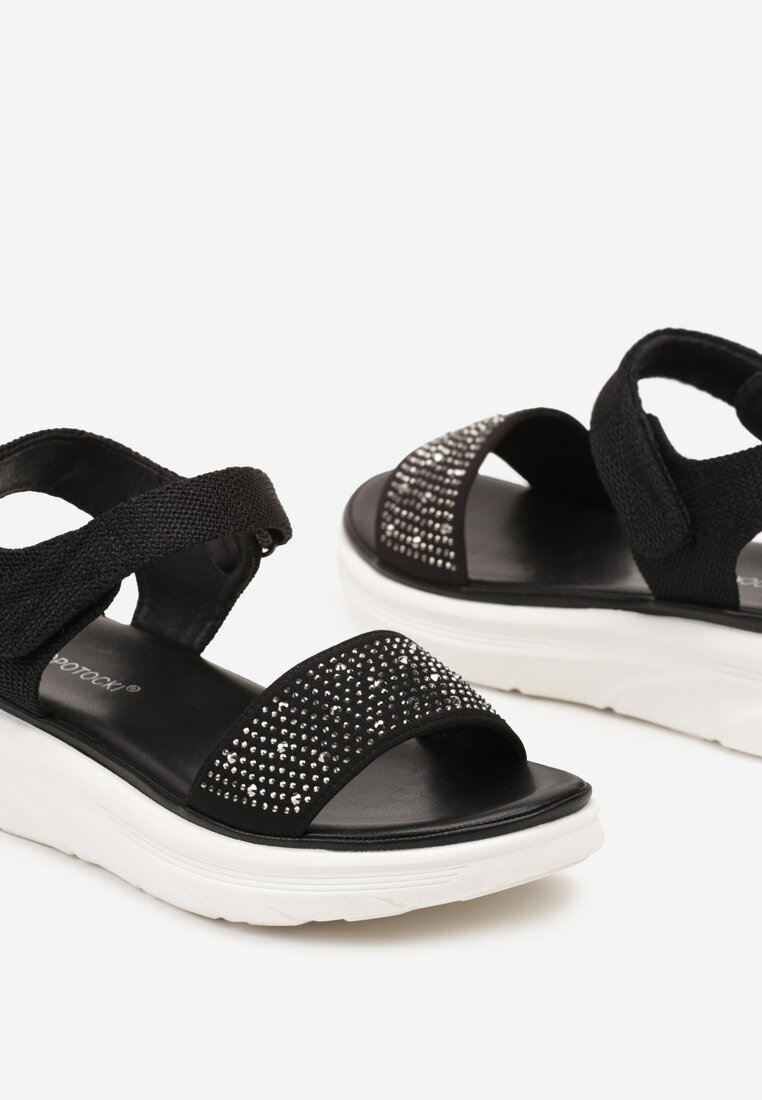 Sandale Negre cu Talpă Groasă cu Închidere Velcro Împodobite cu Pietre Strass Tristana
