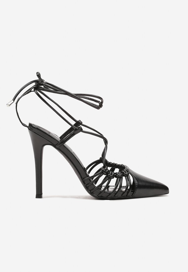 Sandale Negre cu Toc Stiletto din Piele Ecologica cu Siret si Decupate Inetta