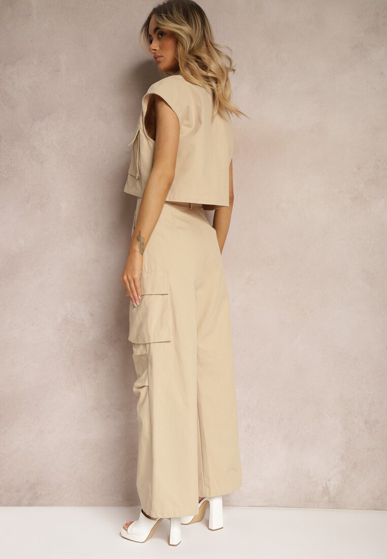 Set Bej din Bumbac Pantaloni Stil Cargo Cămașă cu Nasturi cu Buzunare Dimnas