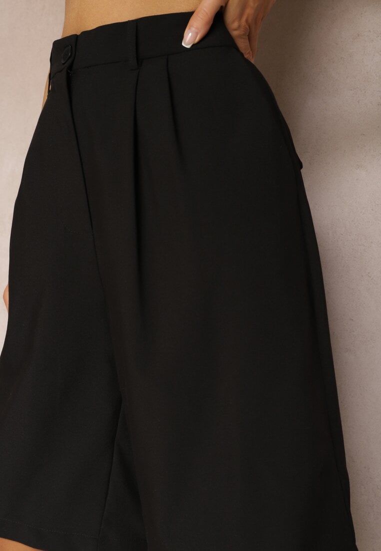 Czarne Szorty o Garniturowym Kroju High Waist z Dodatkiem Wiskozy Mavvia