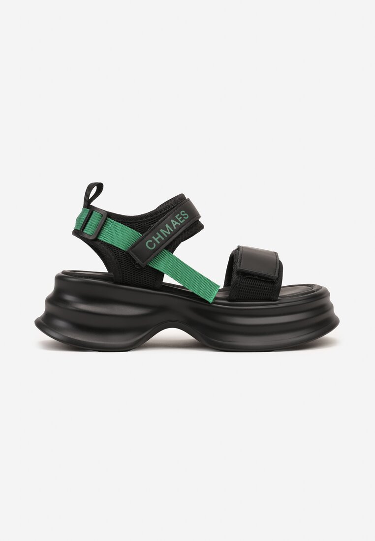 Czarno-Zielone Sandały z Ekoskóry na Platformie Zapinane na Rzep z Ozdobnym Napisem Oletta