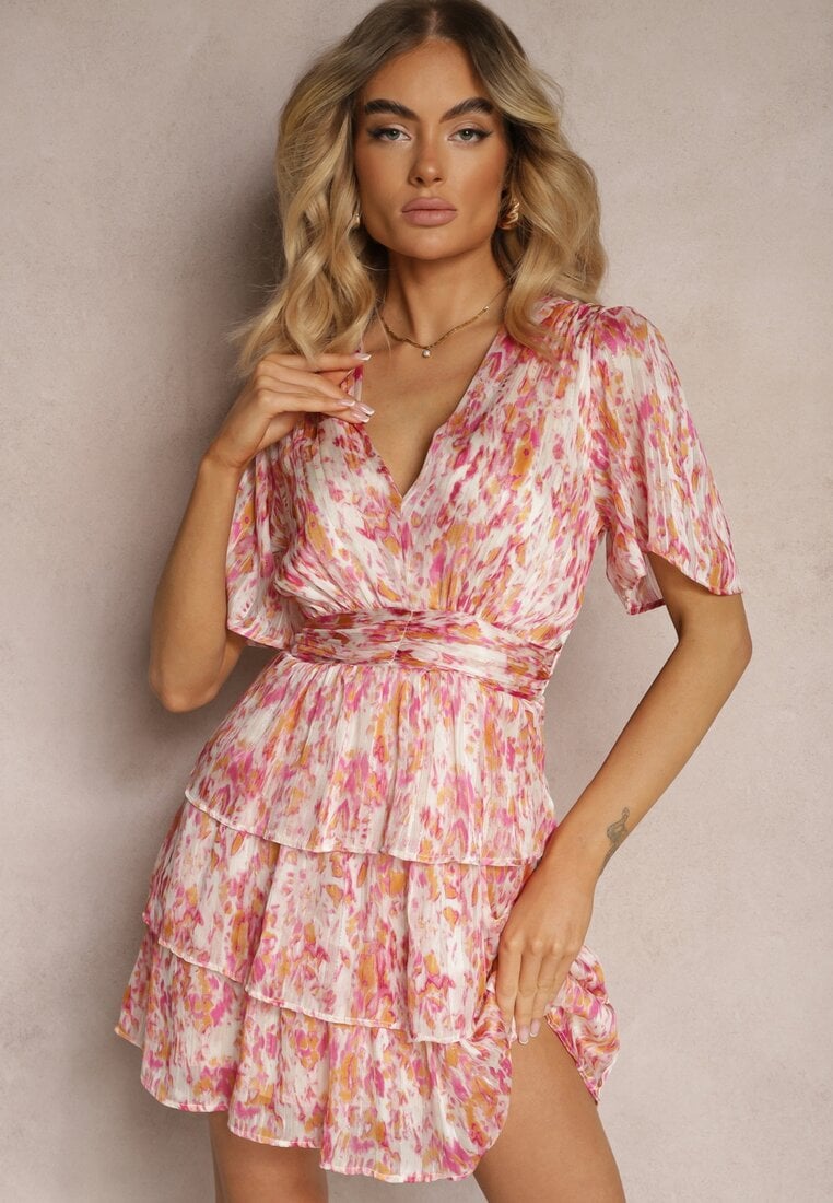 Rochie Roz cu Decolteu Înfășurat și Elastic în Talie cu Volane cu Fir Metalic Xailea
