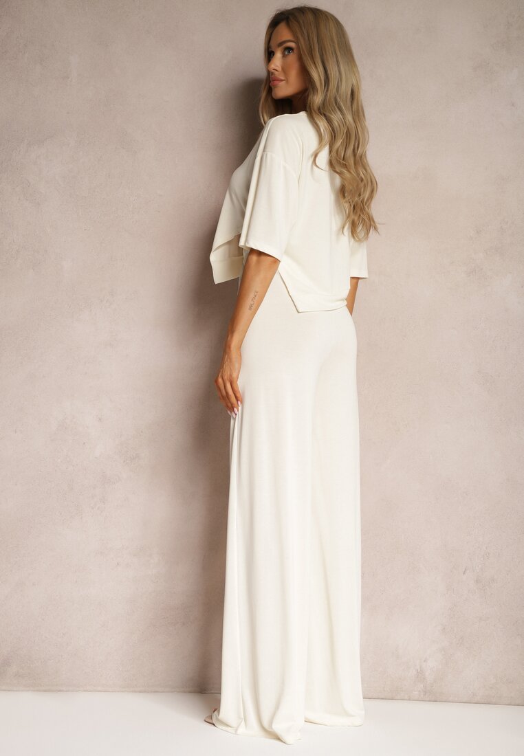 Jasnobeżowy Dresowy Komplet Krótka Bluzka z Rozcięciem Spodnie z Wysokim Stanem i Gumką w Talii Tamary