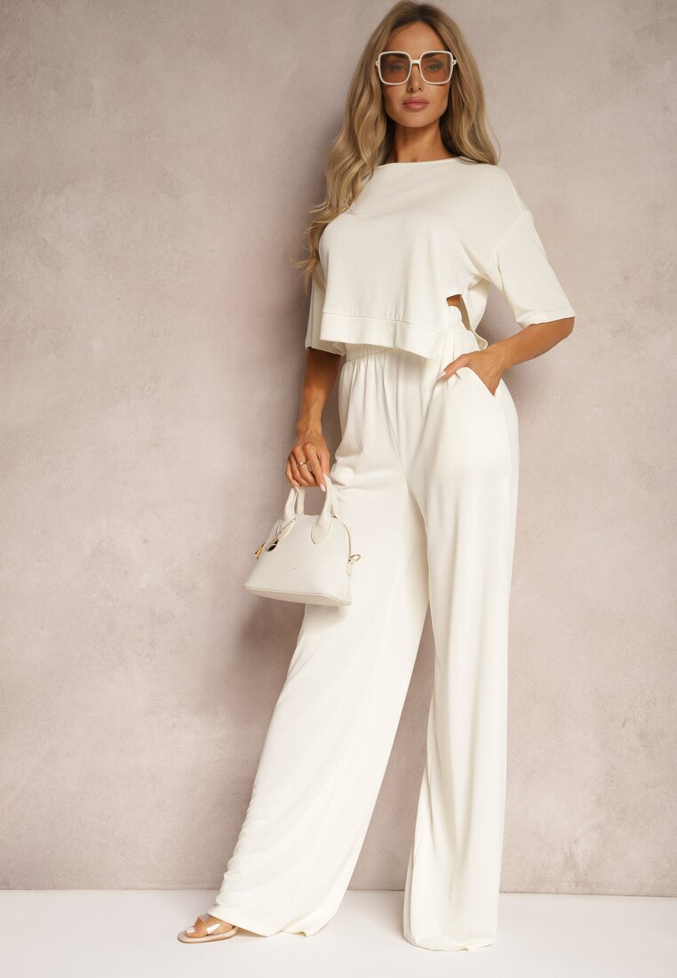 Jasnobeżowy Dresowy Komplet Krótka Bluzka z Rozcięciem Spodnie z Wysokim Stanem i Gumką w Talii Tamary