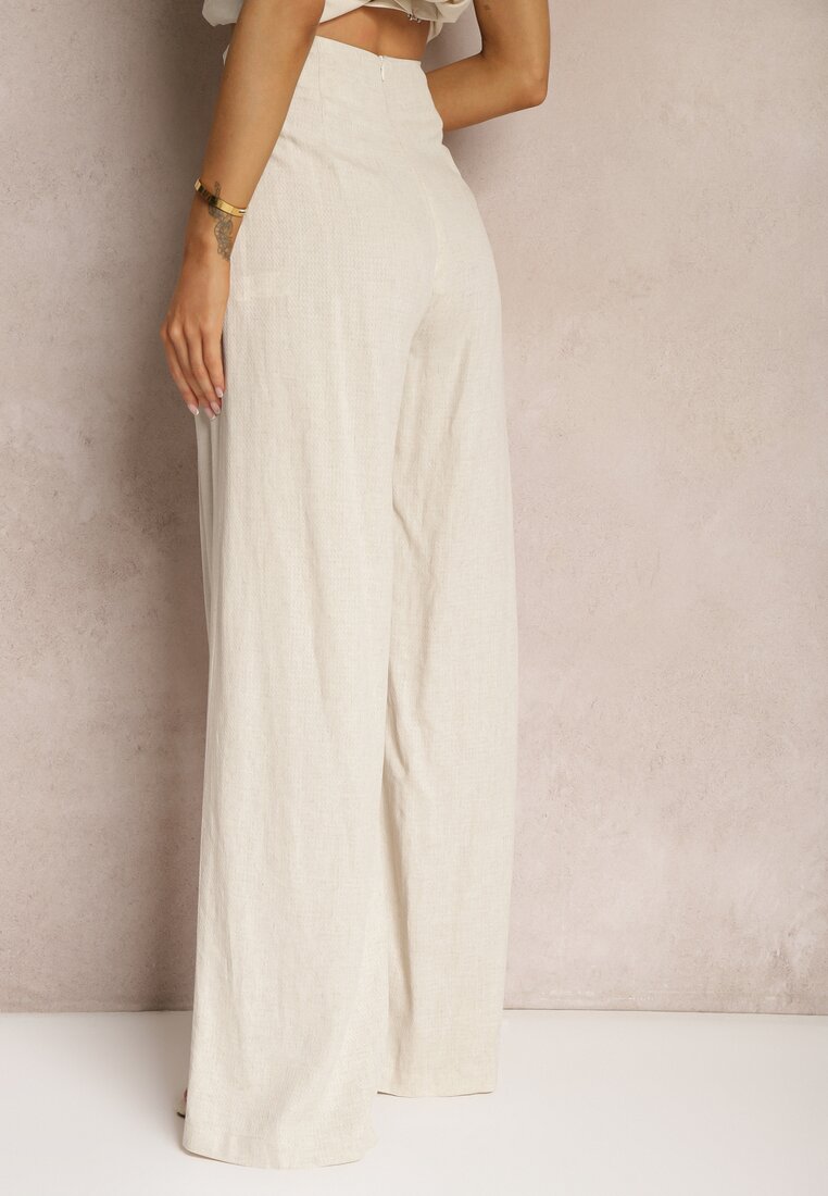 Jasnobeżowe Szerokie Spodnie z Wiskozą i Lnem High Waist Dimris