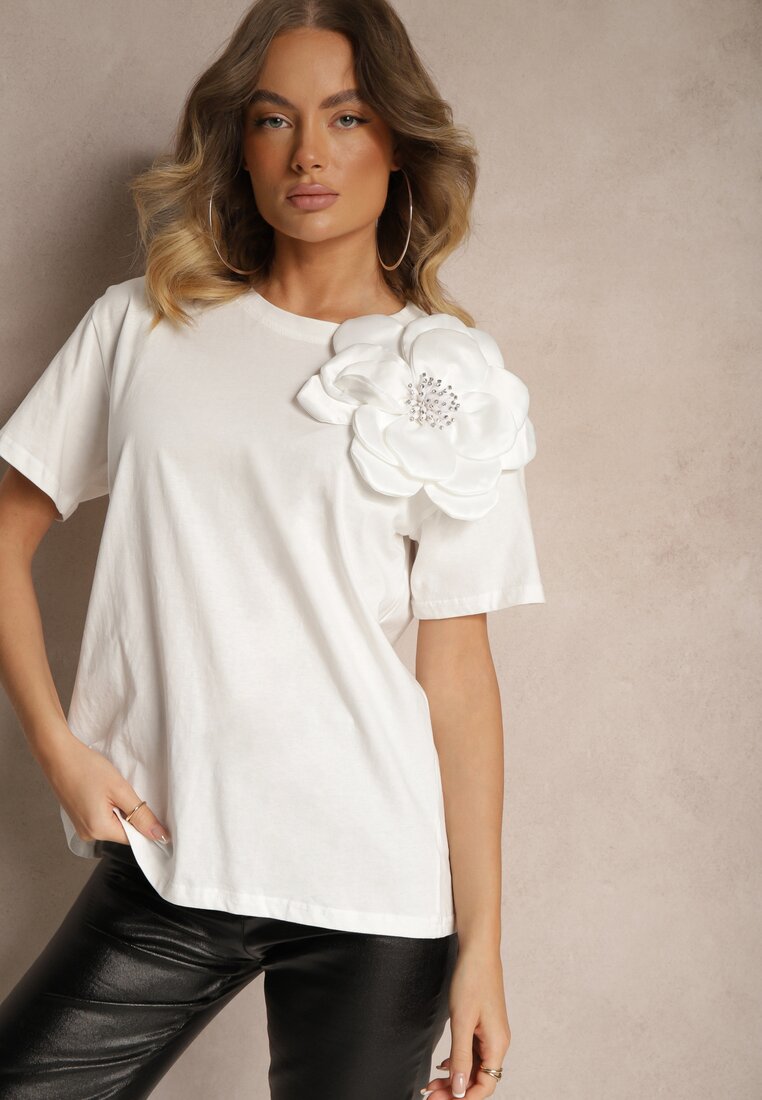 Bluză Casual Albă din Bumbac cu Floare 3D și Pietre Strass Renvia