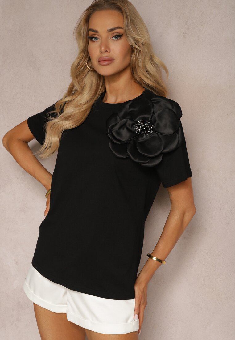 Bluză Neagră Casual din Bumbac cu Floare 3D și Pietre Strass Renvia