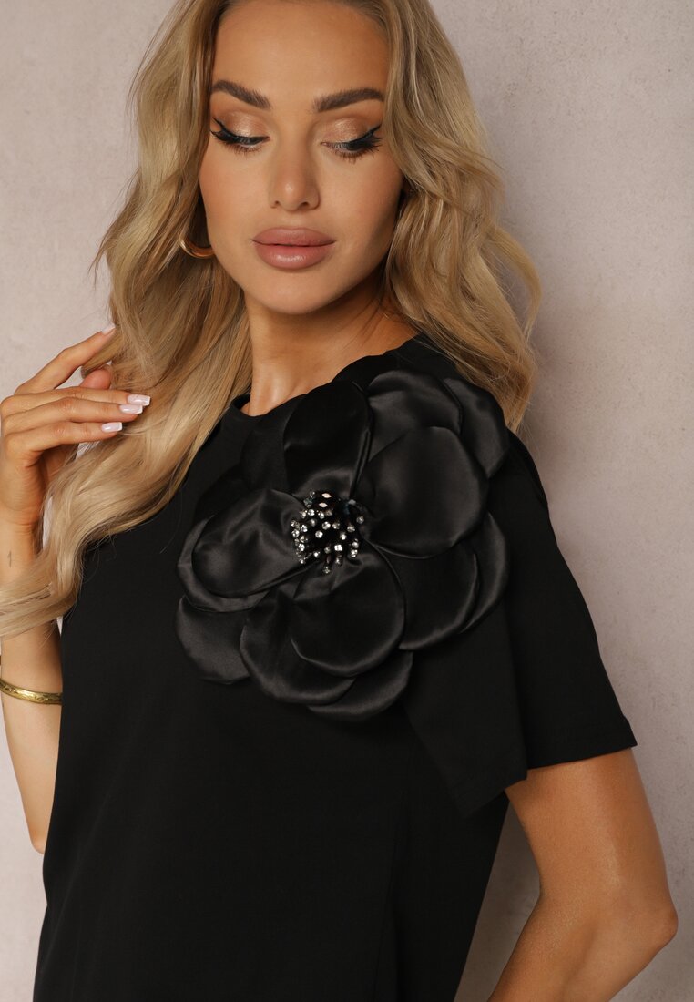 Bluză Neagră Casual din Bumbac cu Floare 3D și Pietre Strass Renvia