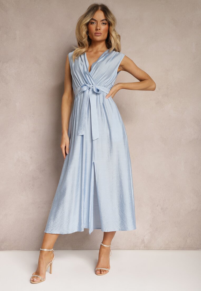 Rochie tip Plic Bleumarin cu Talie Elastică din Viscoză și Curea Suplimentară din Material Textil Hepvia