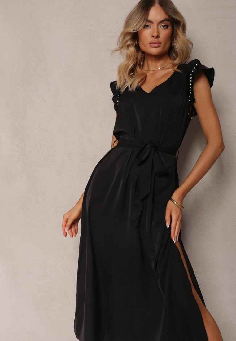 Rochie Neagră cu Curea din Material Ornată cu Crăpături și Pietre Strass cu Volan Holline