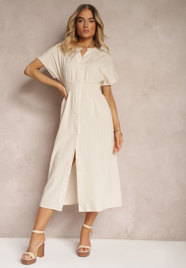 Rochie Bej cu Viscoză Stil Cămașă Cu Nasturi și Elastic în Talie Fuvlea