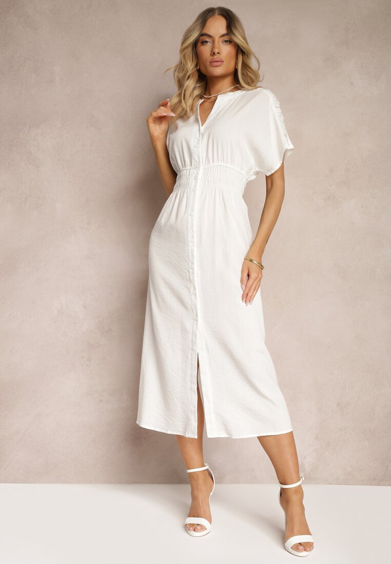 Rochie Albă cu Vâscoză Croi Cloș Tip Cămașă Nasturi Elastic în Talie Fuvlea