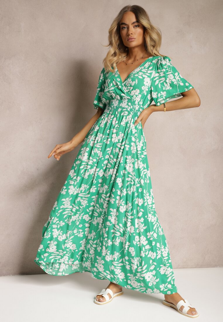 Rochie Verde Închis Tip Plic Maxi cu Elastic în Talie și Fundă la Spate Dangela