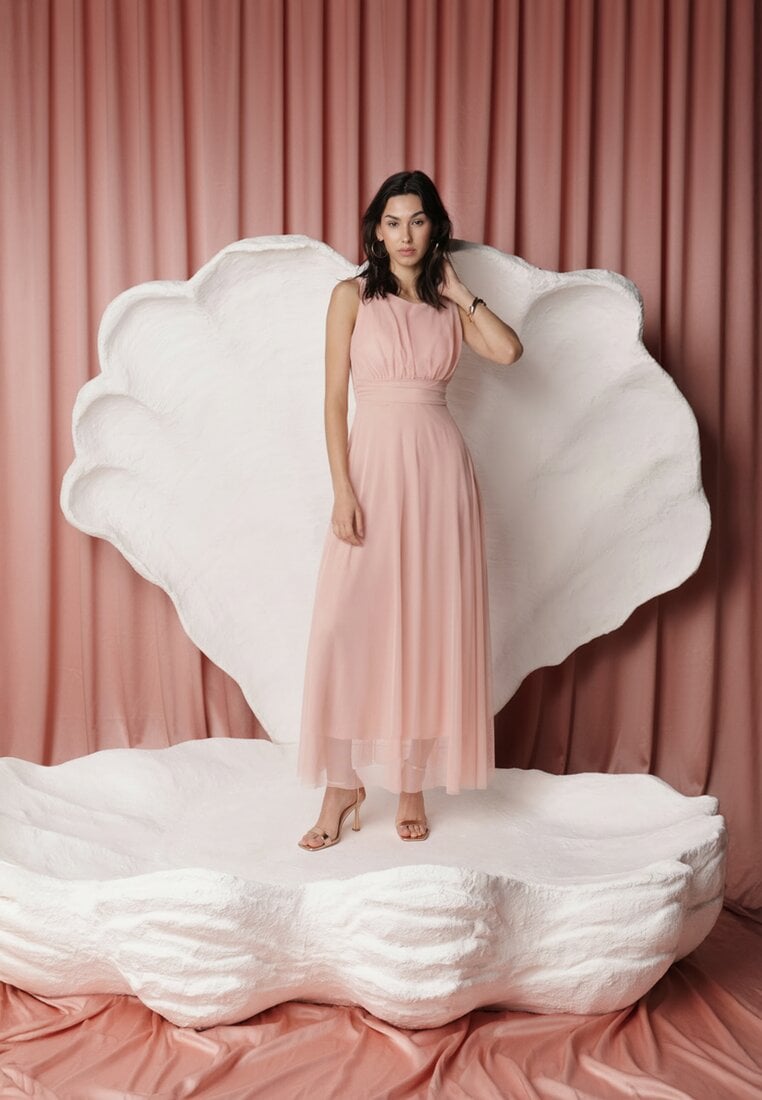 Rochie de cocktail roz cu fusta din tulle fără mâneci Elastar