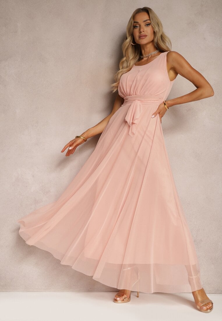 Rochie de cocktail roz cu fusta din tulle fără mâneci Elastar