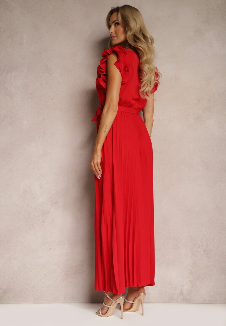 Czerwona Kopertowa Sukienka z Gumką w Pasie i Materiałowym Paskiem Ozdobiona Falbankami Tiamatalia