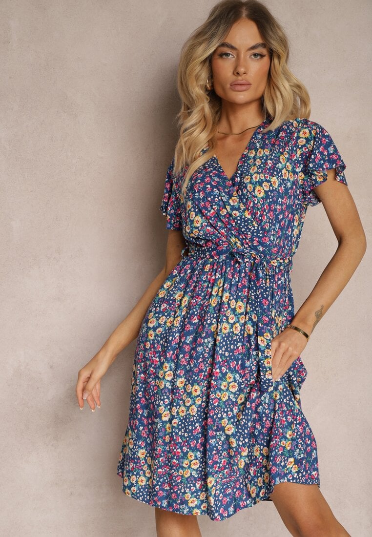 Rochie Albastră din Viscoză cu Decolteu Petrecut Finisată cu Elastic în Talie și Șnur Abrolea