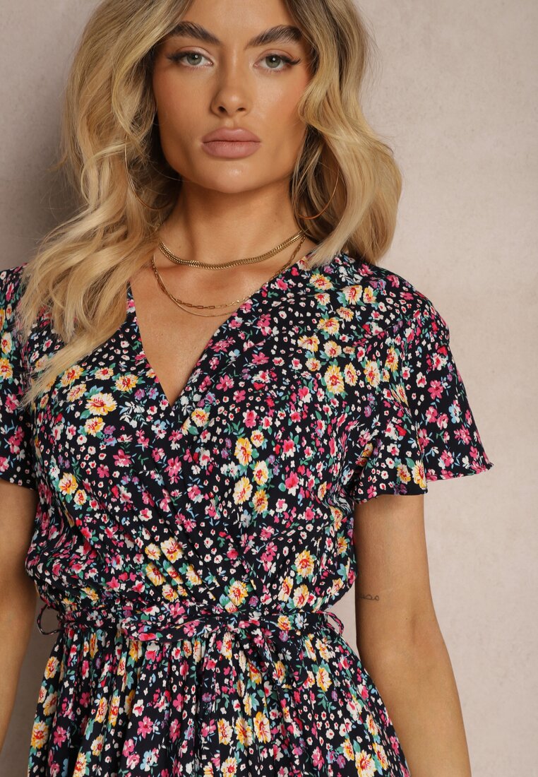 Rochie Neagră-Roz din Viscoză cu Decolteu Înfășurat cu Elastic în Talie și Șnur Abrolea