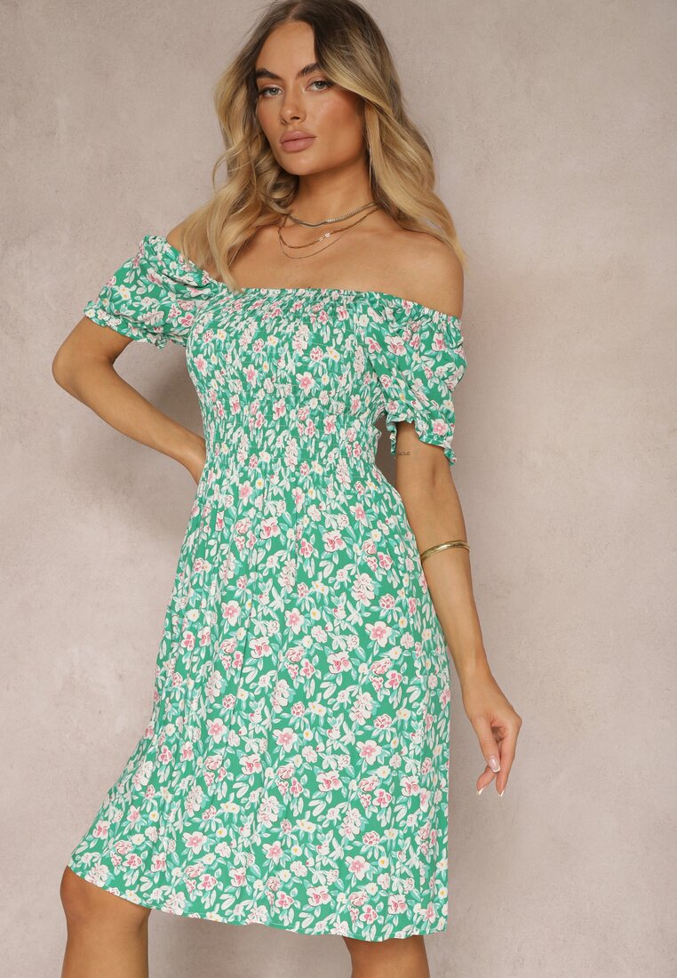 Rochie Verde din Viscoză Tip Carmen cu Partea Superioară Încrețită Pralea