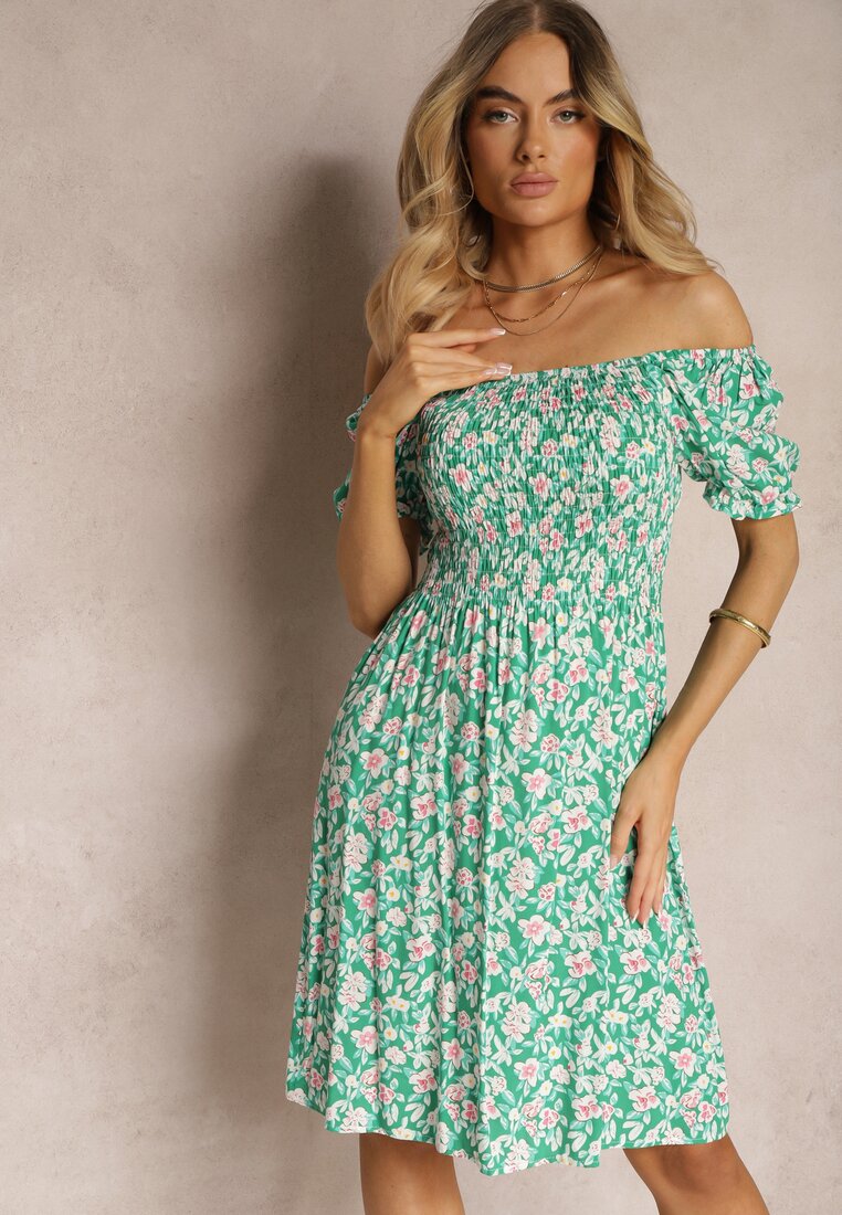 Rochie Verde din Viscoză Tip Carmen cu Partea Superioară Încrețită Pralea