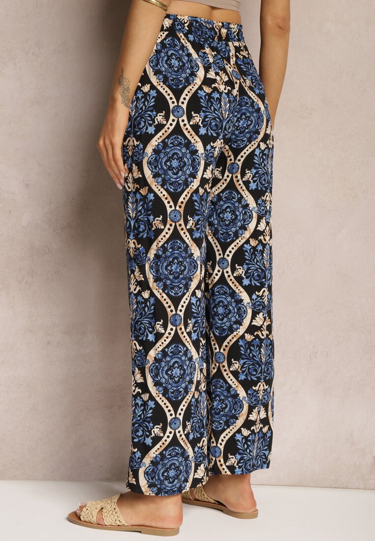 Czarno-Granatowe Wiskozowe Spodnie Boho High Waist z Szerokimi Nogawkami i Gumką w Talii Tiamarra