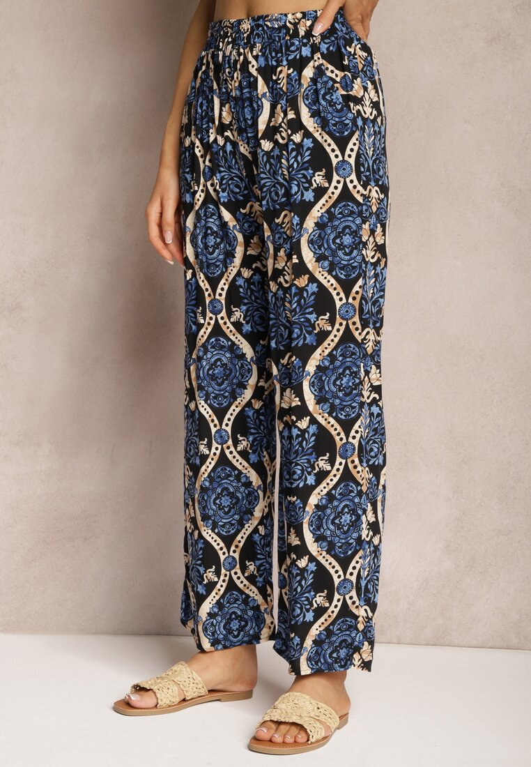 Czarno-Granatowe Wiskozowe Spodnie Boho High Waist z Szerokimi Nogawkami i Gumką w Talii Tiamarra