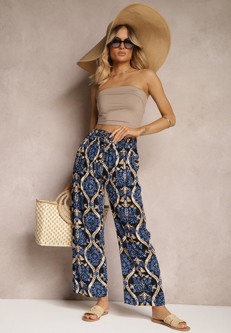 Czarno-Granatowe Wiskozowe Spodnie Boho High Waist z Szerokimi Nogawkami i Gumką w Talii Tiamarra