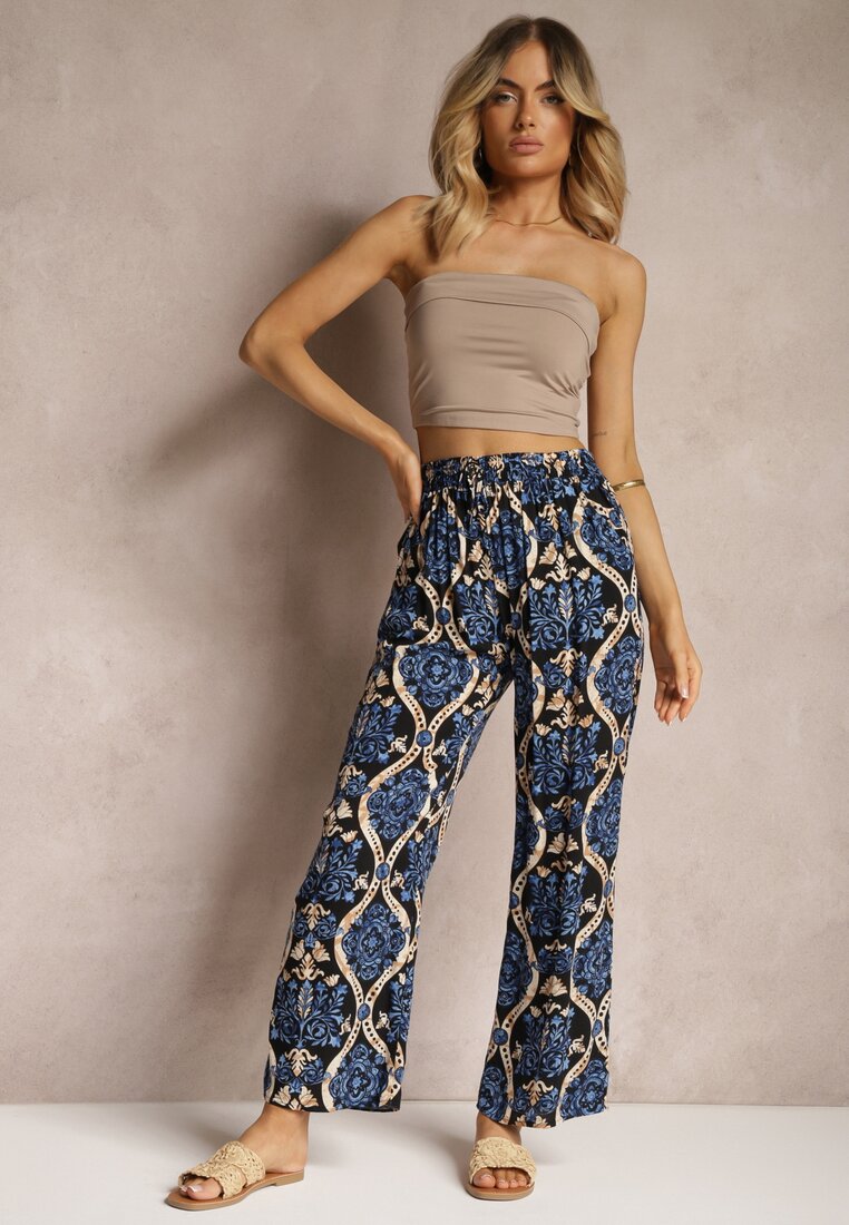 Czarno-Granatowe Wiskozowe Spodnie Boho High Waist z Szerokimi Nogawkami i Gumką w Talii Tiamarra