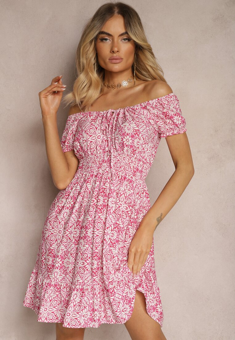 Rochie roz Tiamarosa din viscoză cu cordon din material și elastic în talie cu volan