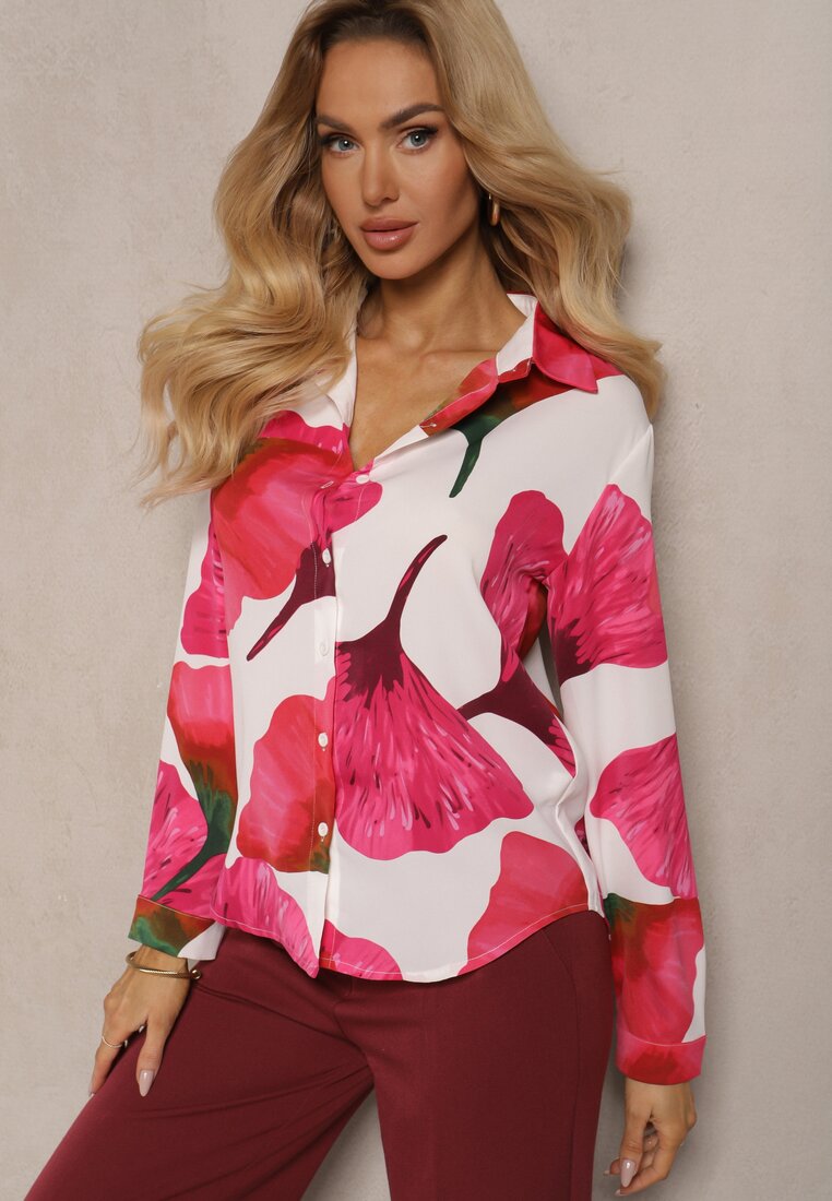 Cămașă clasică alb-fucsia cu motiv floral Mirtilla