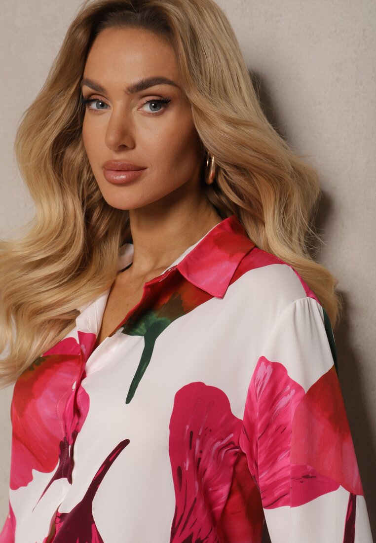Cămașă clasică alb-fucsia cu motiv floral Mirtilla