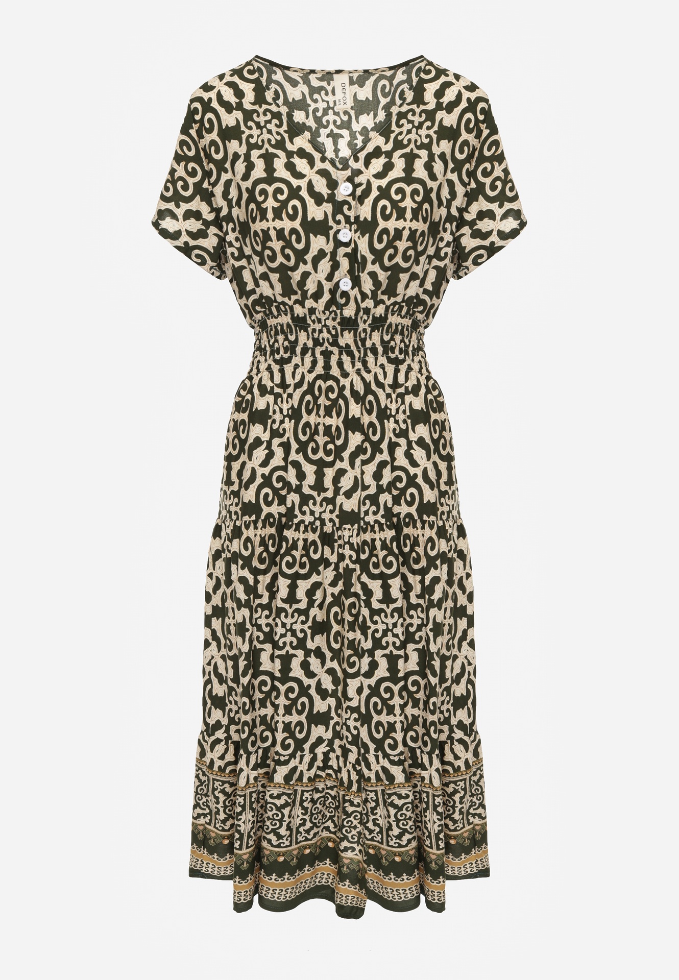 Ciemnozielona Sukienka z Bawełny z Trójkątnym Dekoltem i Gumką w Talii Zapinana na Guziki Lavlea