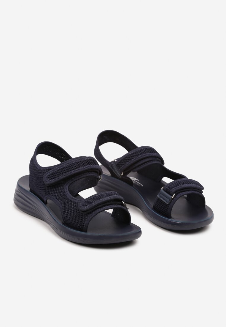 Sandale Sport Bleumarin cu Talpă Joasă cu Velcro Ornamente Perforate Tesianne