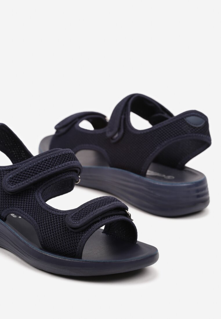 Sandale Sport Bleumarin cu Talpă Joasă cu Velcro Ornamente Perforate Tesianne