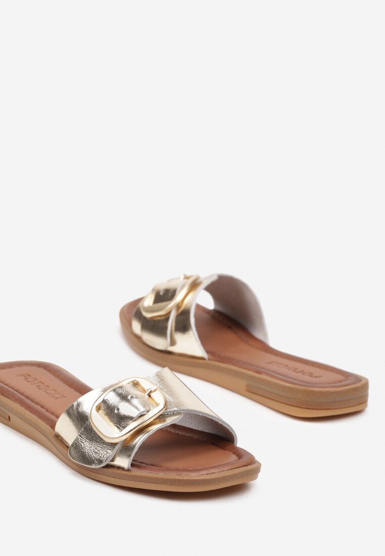 Papuci Aurii Slip-On Imitatie de Piele cu Curea Cataramă Risabeth
