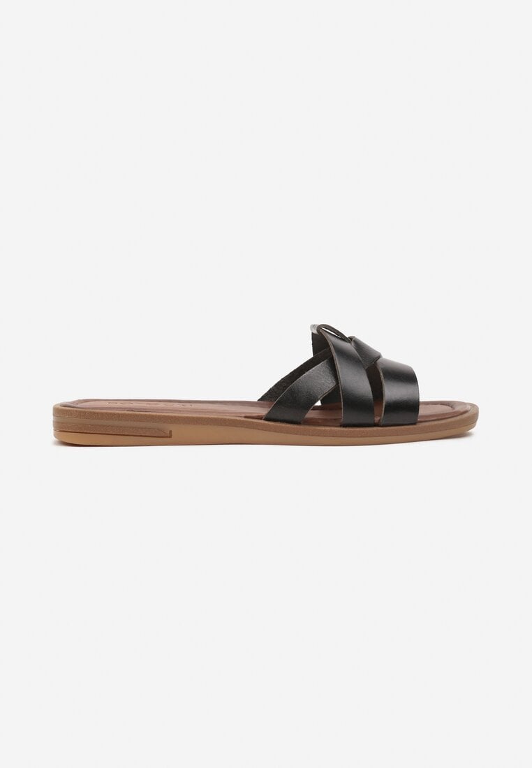 Clapete Negre Casual Din Piele cu Barete Decorative Dimittria