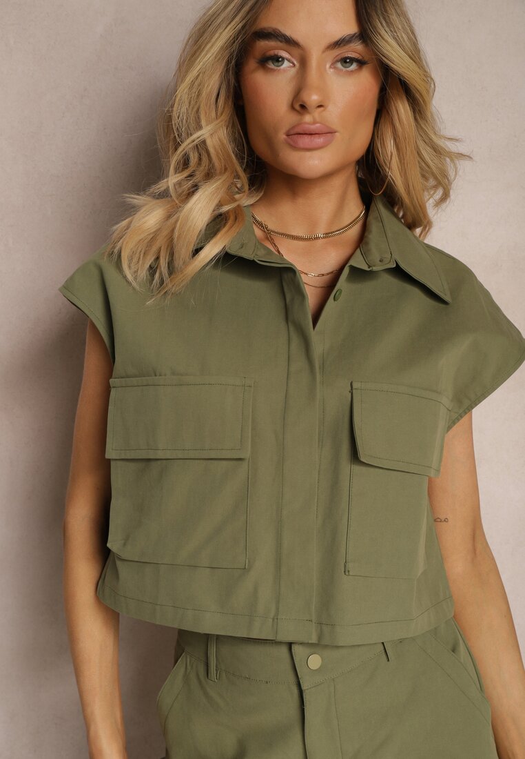 Set Verde din Bumbac Pantaloni Stil Cargo Cămașă cu Nasturi cu Buzunare Dimnas