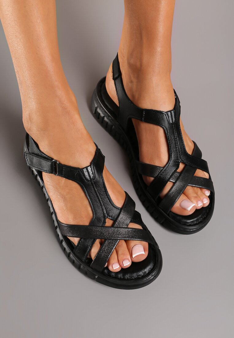 Negre Casual Sandale cu Talpă Joasă cu Barete Decorative cu Închidere Velcro Risandi