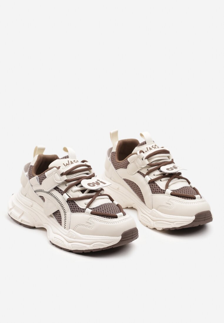 Sneakerși Bej-Maro pe Platformă Imprimeată cu Șireturi Decorative și Inserții Dimtti