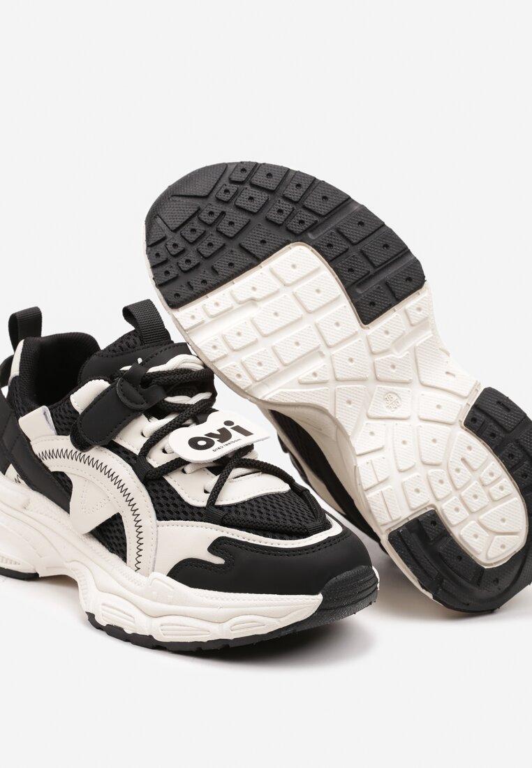 Czarno-Beżowe Sneakersy na Tłoczonej Platformie z Ozdobnym Sznurowaniem i Wstawkami Dimtti