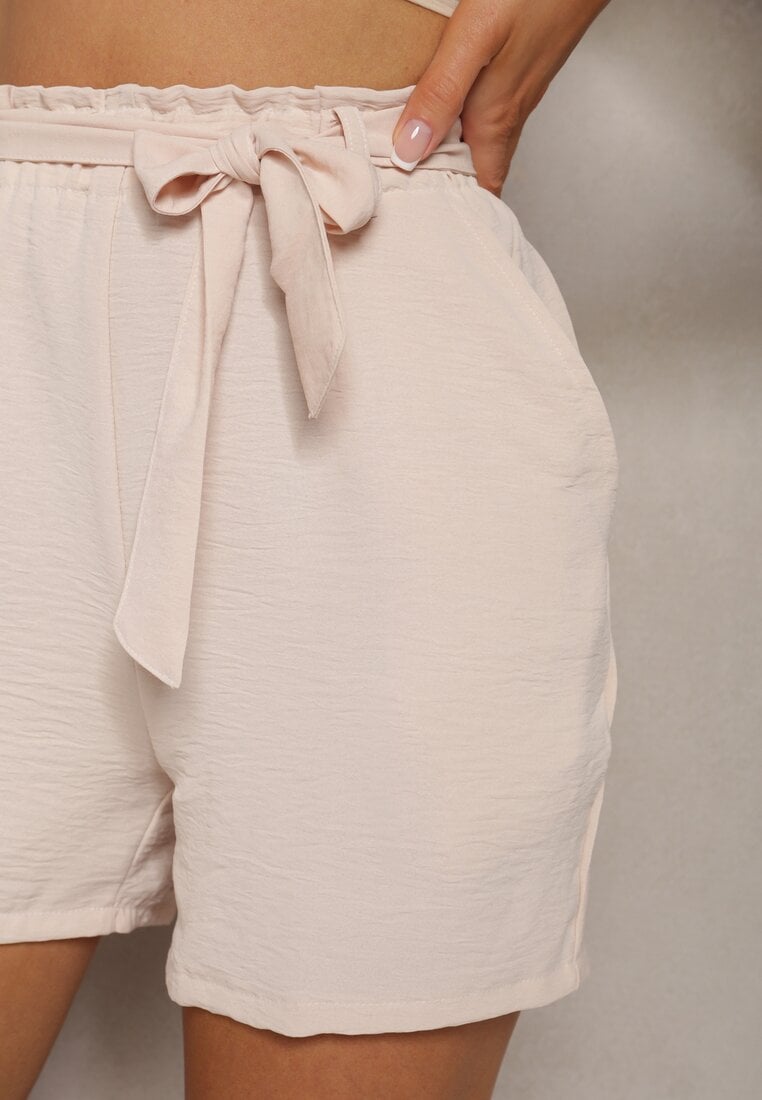 Bej Pantaloni Scurți Bermuda Talie Înaltă Elastic și Curea Material Talie Renetta