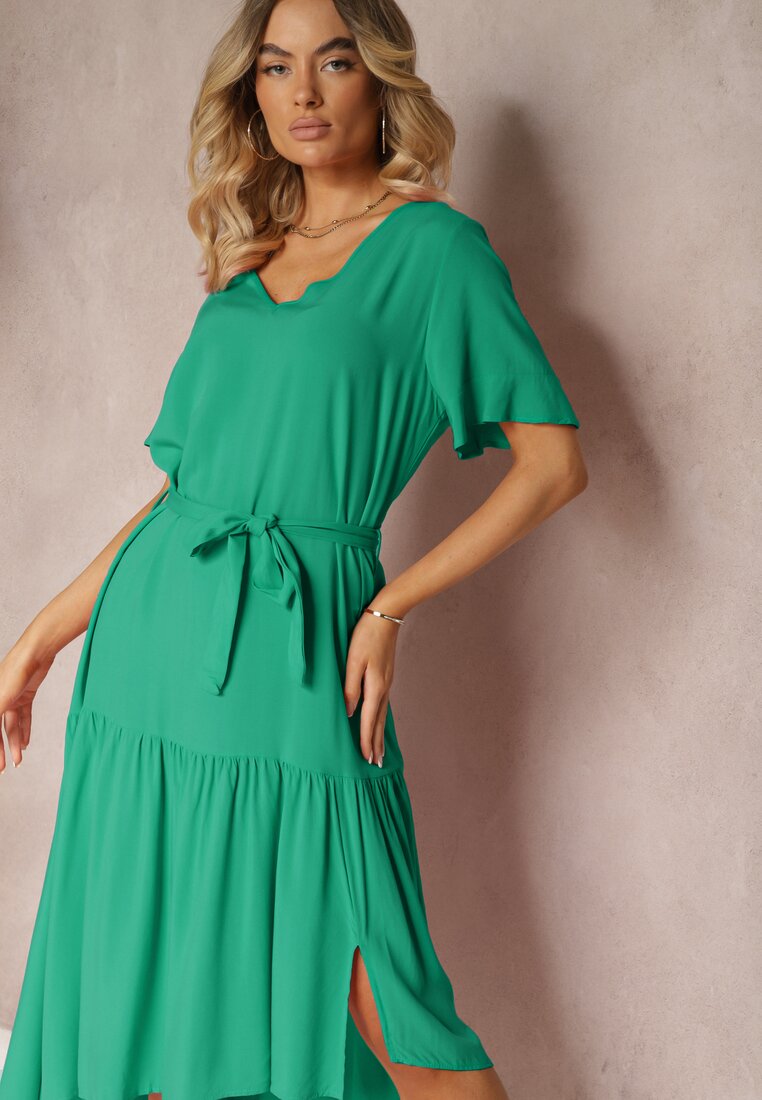 Rochie verde inchis cu volane si curea in talie Dimrias