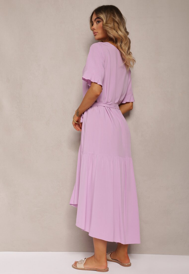 Rochie Violetă Clopot cu Volane și Curea din Material în Talie Dimrias
