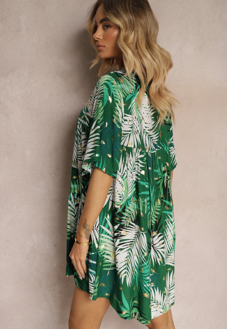 Rochie Alb-Verde Cloș cu Volan și Decolteu Triunghiular Tiamaya