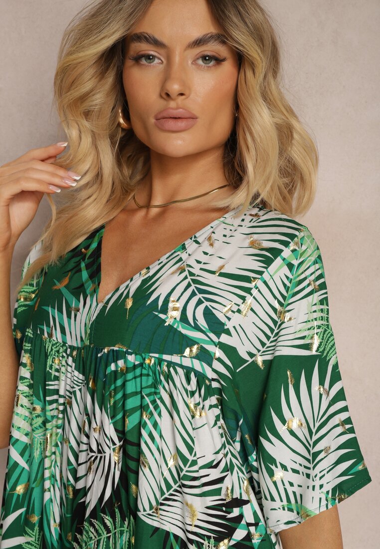 Rochie Alb-Verde Cloș cu Volan și Decolteu Triunghiular Tiamaya