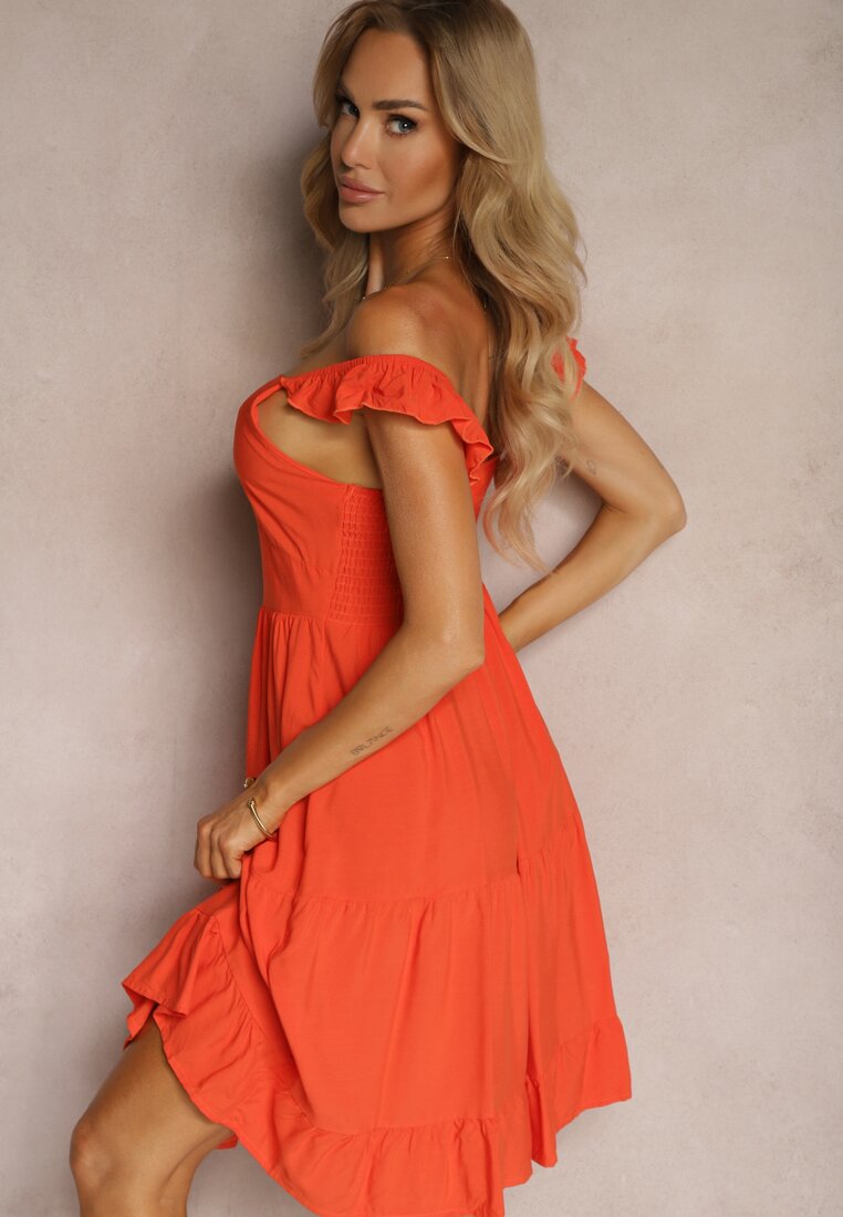 Pomarańczowa Rozkloszowana Sukienka na Ramiączkach z Falbanką Remati