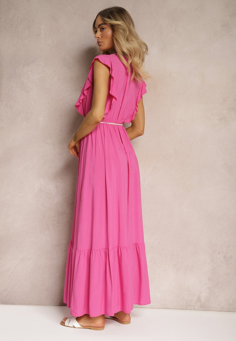 Rochie Fucsia din Bumbac și Viscoză cu Decolteu Tip Înfășurare cu Elastic și Șnur în Talie Terin
