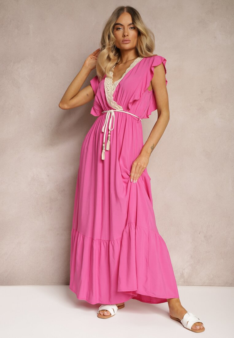 Rochie Fucsia din Bumbac și Viscoză cu Decolteu Tip Înfășurare cu Elastic și Șnur în Talie Terin